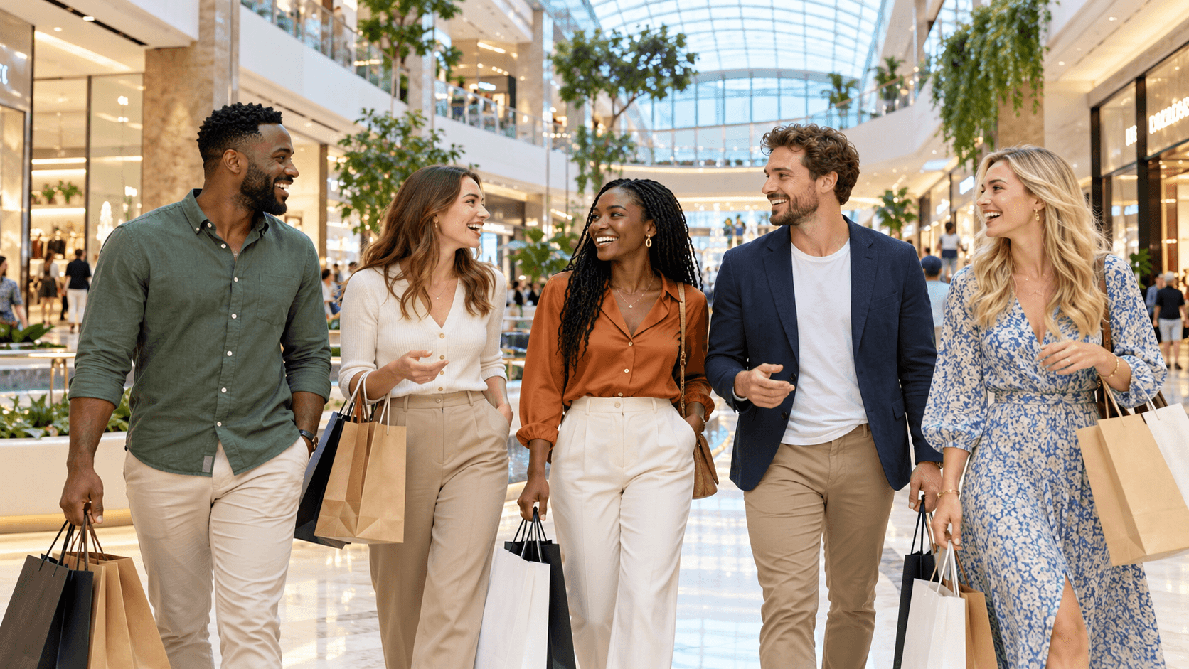 Happy Black African and Caucasian customers shopping together in a bright, spacious mall
